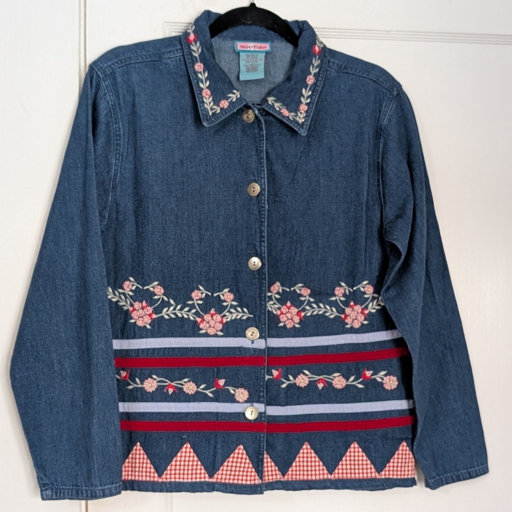 Necter Embroidered Denim Jacket Floral Collar Gingham Hem Size S